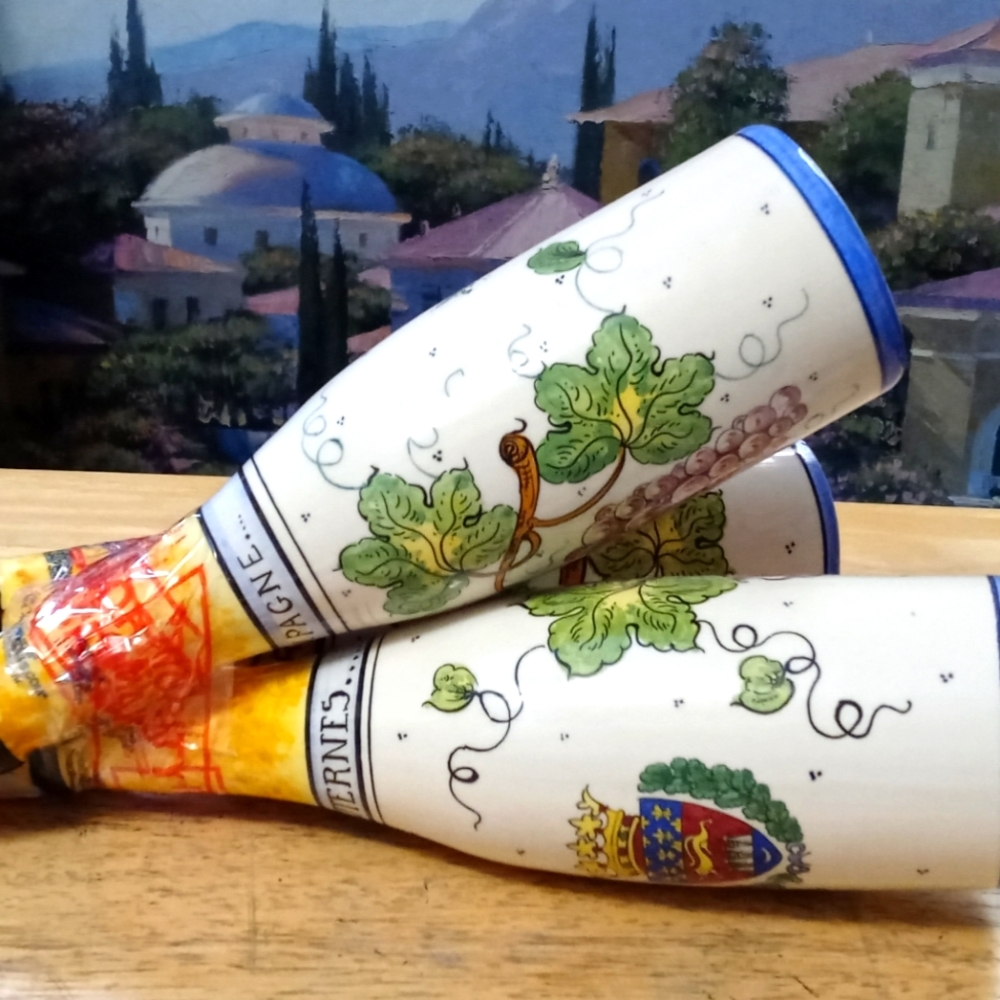 🛍🇫🇷 3 Vintage Wine Bottle French , Hand Painted/France. Size 10",Nice Gift.🎁